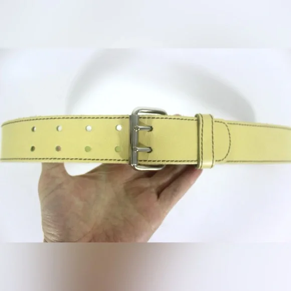 1980’s Butter Yellow Wide Genuine Leather Belt with Double Prong Silver Buckle - Picture 3 of 7